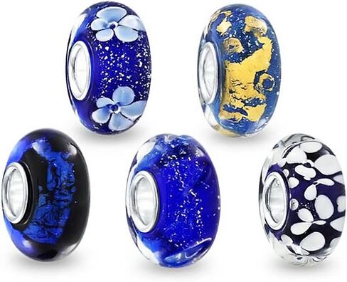 Assorted Mixed Set Of 5 or 6 Bundle Translucent Shades Of Black Blue Navy Silver Gold Foil Murano Swirl Charm Bead Spacer For Women Teen .925 Sterling Silver Core Fits European Bracelet in Kuwait