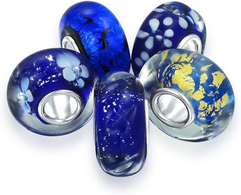 Assorted Mixed Set Of 5 or 6 Bundle Translucent Shades Of Black Blue Navy Silver Gold Foil Murano Swirl Charm Bead Spacer For Women Teen .925 Sterling Silver Core Fits European Bracelet in Kuwait