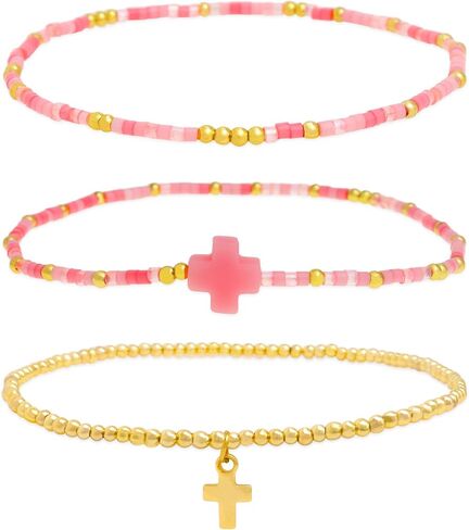 Cross Seed Beads Stack Bracelets Set for Women, Boho Handmade Gold Beaded Stackable Charm Stretch Festive Holiday Accessories Jewelry Gift. in Kuwait