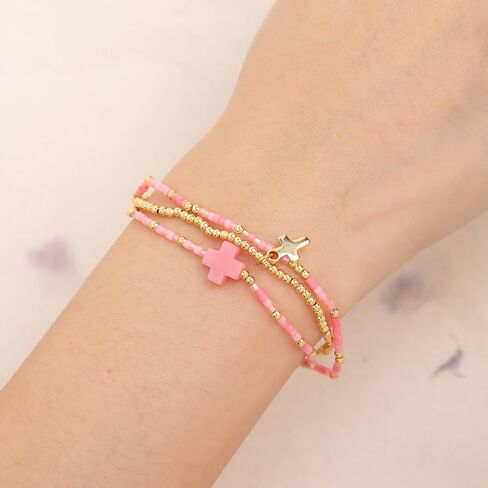Cross Seed Beads Stack Bracelets Set for Women, Boho Handmade Gold Beaded Stackable Charm Stretch Festive Holiday Accessories Jewelry Gift. in Kuwait