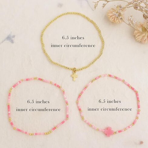 Cross Seed Beads Stack Bracelets Set for Women, Boho Handmade Gold Beaded Stackable Charm Stretch Festive Holiday Accessories Jewelry Gift. in Kuwait