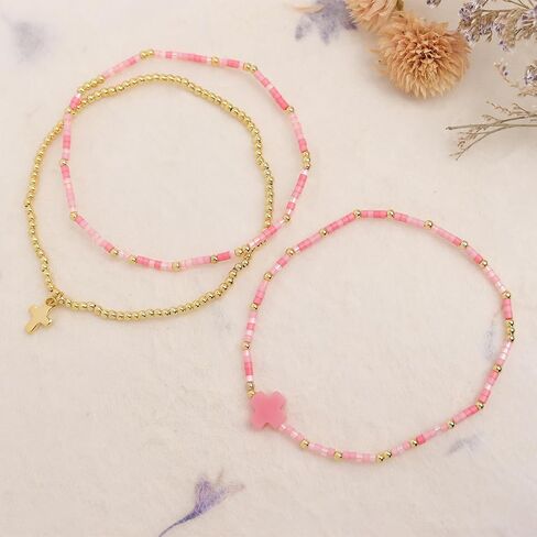Cross Seed Beads Stack Bracelets Set for Women, Boho Handmade Gold Beaded Stackable Charm Stretch Festive Holiday Accessories Jewelry Gift. in Kuwait