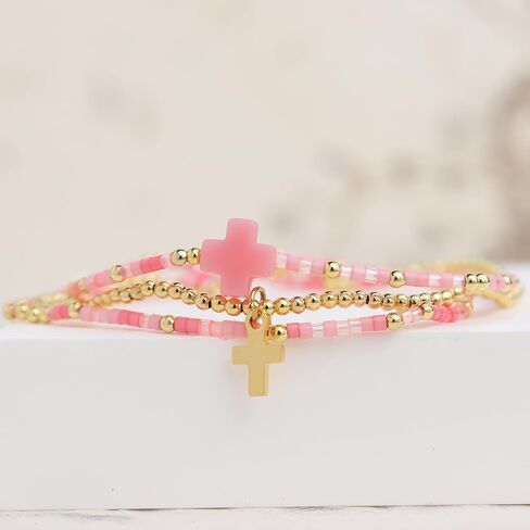Cross Seed Beads Stack Bracelets Set for Women, Boho Handmade Gold Beaded Stackable Charm Stretch Festive Holiday Accessories Jewelry Gift. in Kuwait