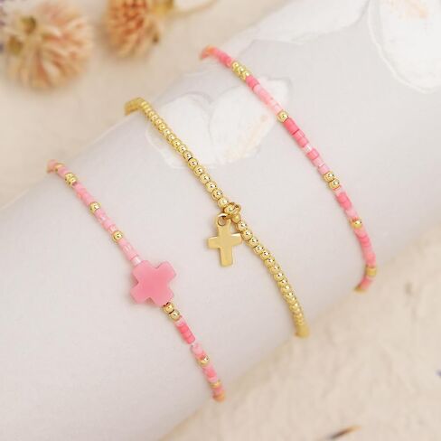 Cross Seed Beads Stack Bracelets Set for Women, Boho Handmade Gold Beaded Stackable Charm Stretch Festive Holiday Accessories Jewelry Gift. in Kuwait
