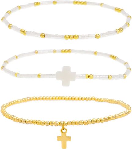 Cross Seed Beads Stack Bracelets Set for Women, Boho Handmade Gold Beaded Stackable Charm Stretch Festive Holiday Accessories Jewelry Gift. in Kuwait