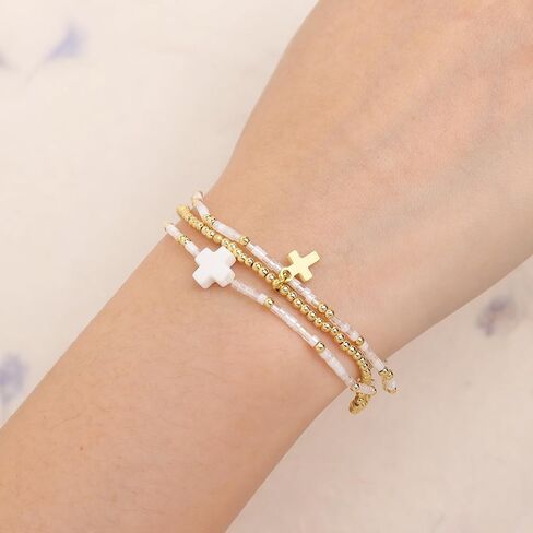 Cross Seed Beads Stack Bracelets Set for Women, Boho Handmade Gold Beaded Stackable Charm Stretch Festive Holiday Accessories Jewelry Gift. in Kuwait