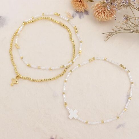 Cross Seed Beads Stack Bracelets Set for Women, Boho Handmade Gold Beaded Stackable Charm Stretch Festive Holiday Accessories Jewelry Gift. in Kuwait