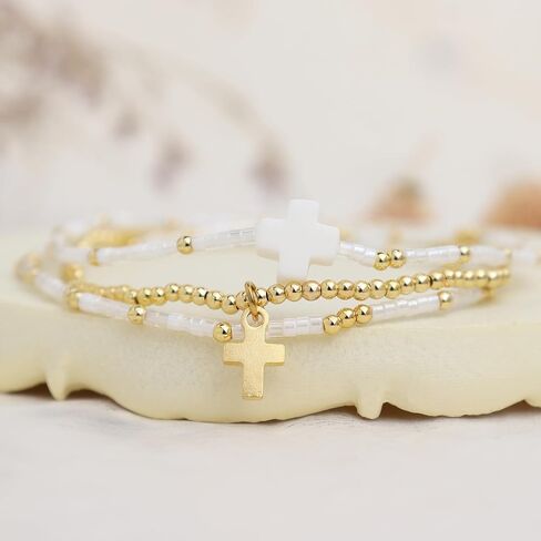 Cross Seed Beads Stack Bracelets Set for Women, Boho Handmade Gold Beaded Stackable Charm Stretch Festive Holiday Accessories Jewelry Gift. in Kuwait