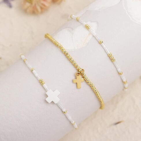 Cross Seed Beads Stack Bracelets Set for Women, Boho Handmade Gold Beaded Stackable Charm Stretch Festive Holiday Accessories Jewelry Gift. in Kuwait