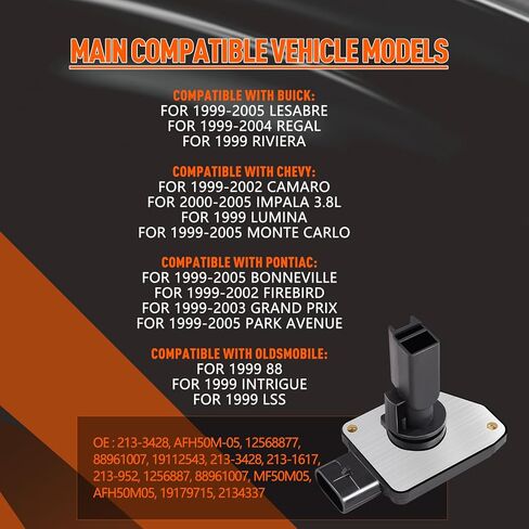 مستشعر تدفق الهواء الشامل 213-3428 AFH50M-05 مقياس مجسات MAF متوافق مع بويك لأولدزموبيل لبونتياك 3.8L، 2000-2005 لـ Lesabre/Impala/Bonneville، 1999-2002 لـ Camaro 19112543 in Kuwait