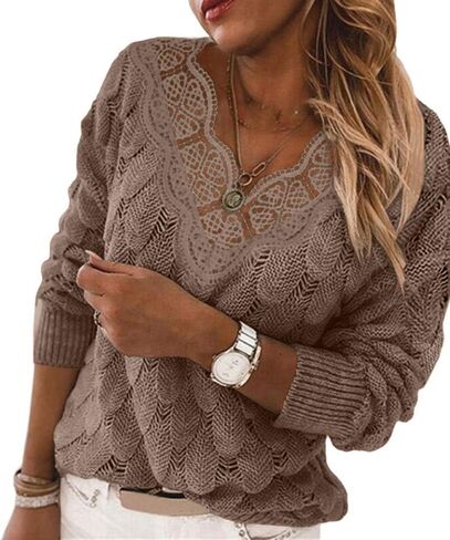 Yousify Women Lace V Neck Long Sleeve Pullover Sweaters Lightweight Knit Solid Color Novelty Jumper Tops in Saudi Arabia
