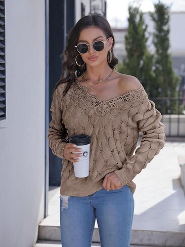 Yousify Women Lace V Neck Long Sleeve Pullover Sweaters Lightweight Knit Solid Color Novelty Jumper Tops in Saudi Arabia