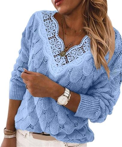 Yousify Women Lace V Neck Long Sleeve Pullover Sweaters Lightweight Knit Solid Color Novelty Jumper Tops in Saudi Arabia