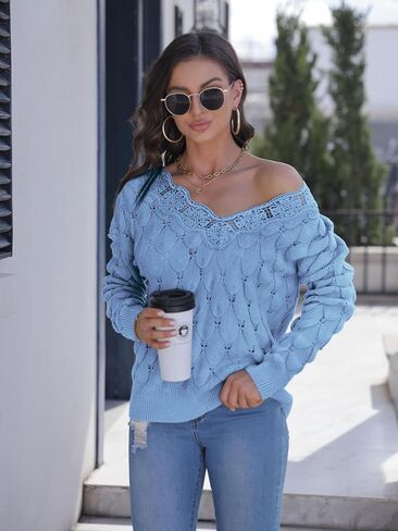 Yousify Women Lace V Neck Long Sleeve Pullover Sweaters Lightweight Knit Solid Color Novelty Jumper Tops in Saudi Arabia