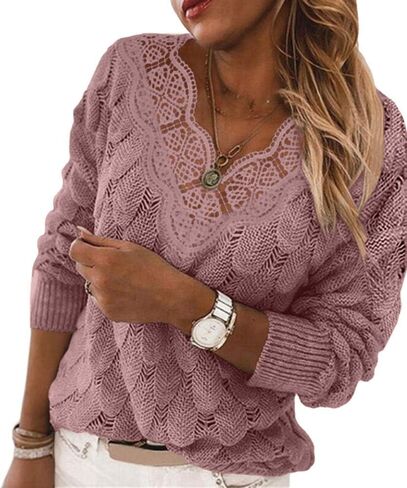 Yousify Women Lace V Neck Long Sleeve Pullover Sweaters Lightweight Knit Solid Color Novelty Jumper Tops in Saudi Arabia