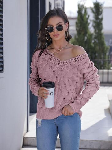 Yousify Women Lace V Neck Long Sleeve Pullover Sweaters Lightweight Knit Solid Color Novelty Jumper Tops in Saudi Arabia