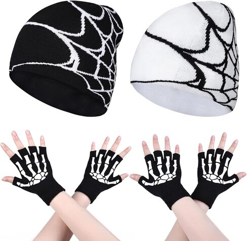 4 Pcs Y2K Beanie Spider Web Beanie, Winter Streetwear Headwear Knitted Hat Goth Graphic Beanies for Men Women in Saudi Arabia