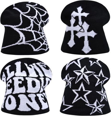 4 Pcs Y2K Beanie Spider Web Beanie, Winter Streetwear Headwear Knitted Hat Goth Graphic Beanies for Men Women in Saudi Arabia