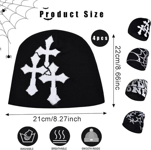 4 Pcs Y2K Beanie Spider Web Beanie, Winter Streetwear Headwear Knitted Hat Goth Graphic Beanies for Men Women in Saudi Arabia