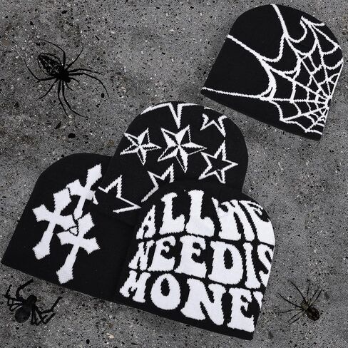 4 Pcs Y2K Beanie Spider Web Beanie, Winter Streetwear Headwear Knitted Hat Goth Graphic Beanies for Men Women in Saudi Arabia