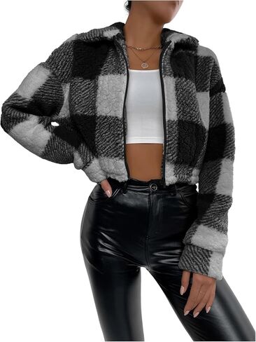 MakeMeChic Women's Fuzzy Plaid Pattern Long Sleeve Hooded Neck Zip Up Jacket Coat Outwear in Saudi Arabia