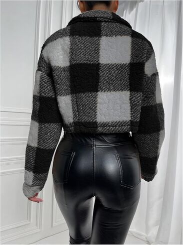 MakeMeChic Women's Fuzzy Plaid Pattern Long Sleeve Hooded Neck Zip Up Jacket Coat Outwear in Saudi Arabia