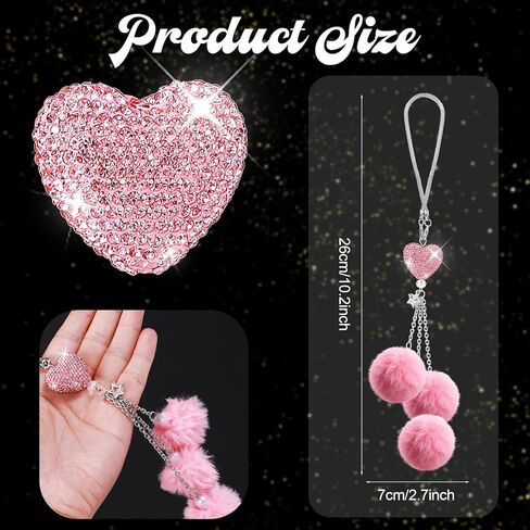 ملحقات السيارة الداخلية الوردية للنساء، سحر السيارة اللطيف لمرآة الرؤية الخلفية، مرآة الرؤية الخلفية الكريستالية سحر مرآة السيارة ديكور قلب الحب in Kuwait