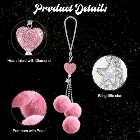 ملحقات السيارة الداخلية الوردية للنساء، سحر السيارة اللطيف لمرآة الرؤية الخلفية، مرآة الرؤية الخلفية الكريستالية سحر مرآة السيارة ديكور قلب الحب in Kuwait