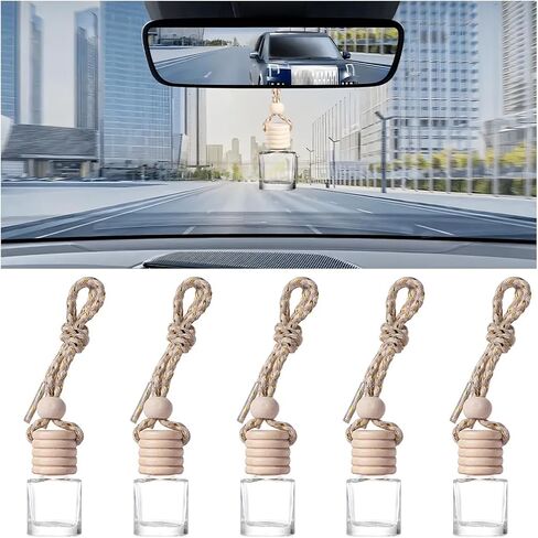 قلادة زجاجة عطر السيارة المعلقة 5 قطع من ماندارك، 8 مل من الزجاج الفارغ لزيت السيارة والروائح العلاجية، قلادة زينة مرآة الرؤية الخلفية التلقائية، عالمية لمعظم السيارات (أسطوانية) in Kuwait