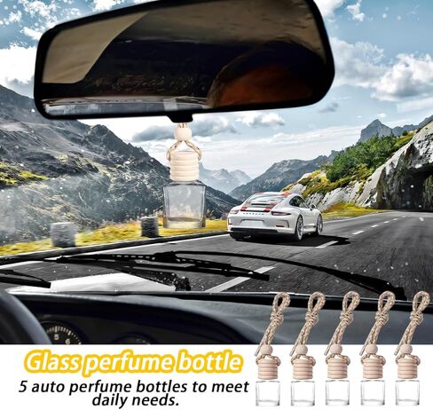 قلادة زجاجة عطر السيارة المعلقة 5 قطع من ماندارك، 8 مل من الزجاج الفارغ لزيت السيارة والروائح العلاجية، قلادة زينة مرآة الرؤية الخلفية التلقائية، عالمية لمعظم السيارات (أسطوانية) in Kuwait