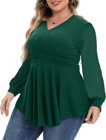 Plus Size Tops for Women Lace Long Sleeve Fall Shirts Casual Dressy Wrap V Neck Pleated Tunic Top in Kuwait