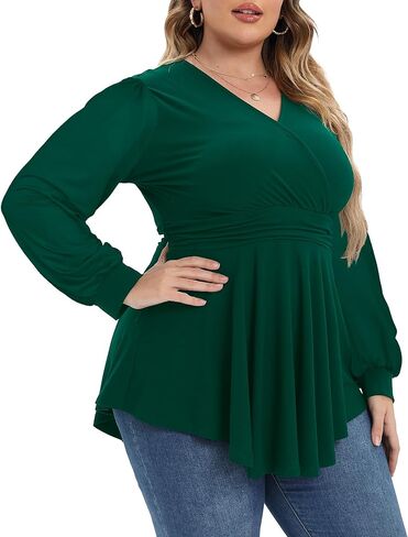 Plus Size Tops for Women Lace Long Sleeve Fall Shirts Casual Dressy Wrap V Neck Pleated Tunic Top in Kuwait