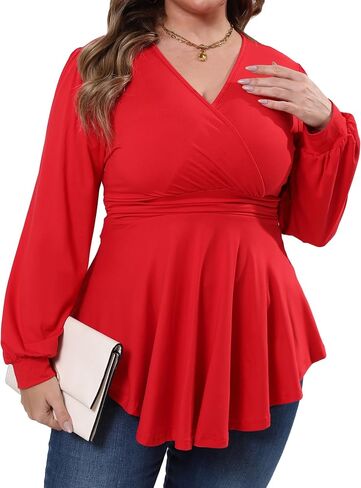 Plus Size Tops for Women Lace Long Sleeve Fall Shirts Casual Dressy Wrap V Neck Pleated Tunic Top in Saudi Arabia