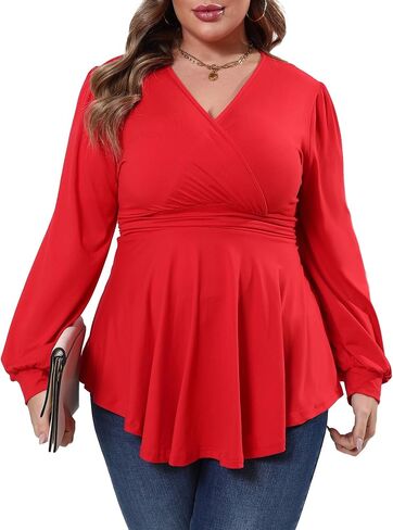 Plus Size Tops for Women Lace Long Sleeve Fall Shirts Casual Dressy Wrap V Neck Pleated Tunic Top in Saudi Arabia