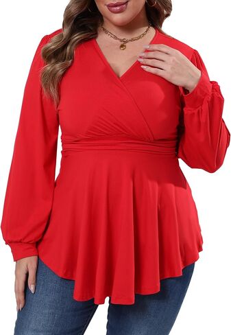 Plus Size Tops for Women Lace Long Sleeve Fall Shirts Casual Dressy Wrap V Neck Pleated Tunic Top in Saudi Arabia