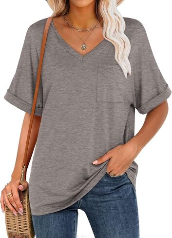 ANRABESS Women T Shirts Oversized Short Sleeve V Neck 2025 Summer Casual Loose Tops Basic Tee Shirts Outfits with Pocket in Saudi Arabia
