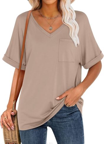ANRABESS Women T Shirts Oversized Short Sleeve V Neck 2025 Summer Casual Loose Tops Basic Tee Shirts Outfits with Pocket in Saudi Arabia