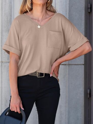 ANRABESS Women T Shirts Oversized Short Sleeve V Neck 2025 Summer Casual Loose Tops Basic Tee Shirts Outfits with Pocket in Saudi Arabia