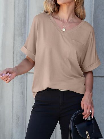ANRABESS Women T Shirts Oversized Short Sleeve V Neck 2025 Summer Casual Loose Tops Basic Tee Shirts Outfits with Pocket in Saudi Arabia