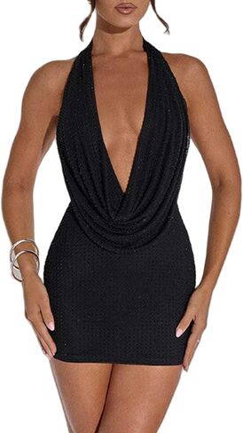 Women Sexy Sparkly Rhinestone Prom Dress Halter Deep V Neck Ruched Backless Bodycon Mini Dress in Saudi Arabia