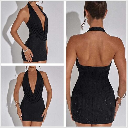 Women Sexy Sparkly Rhinestone Prom Dress Halter Deep V Neck Ruched Backless Bodycon Mini Dress in Saudi Arabia