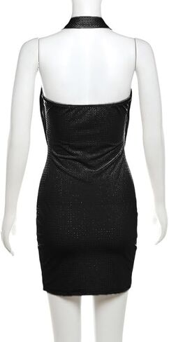 Women Sexy Sparkly Rhinestone Prom Dress Halter Deep V Neck Ruched Backless Bodycon Mini Dress in Saudi Arabia