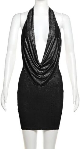 Women Sexy Sparkly Rhinestone Prom Dress Halter Deep V Neck Ruched Backless Bodycon Mini Dress in Saudi Arabia