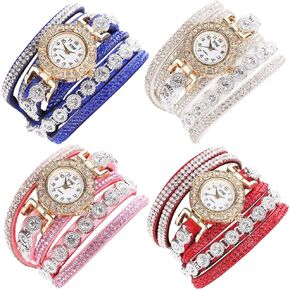 CdyBox Fashion Women Lady Analog Quartz Rhinestone Watch Bracelet Winding Wrap Wristwatches (4 Pack)