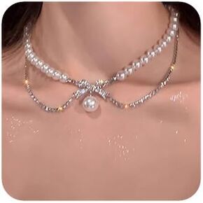 fxmimior Sexy Bow Pendant Pearl Tassels Choker Necklaces Dainty Silver Rhinestones Necklace Handmade Pearl Choker Necklace Pearl Pendant Necklace Simple Pearl Silver Necklace for Women
