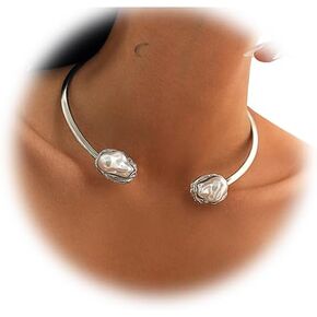 Metal Pearl Open Choker Necklace Gold Pearl Choker Necklaces Round Open Cuff Necklace Irregular Big Pearl Statement Necklace Pearl Jewelry for Women