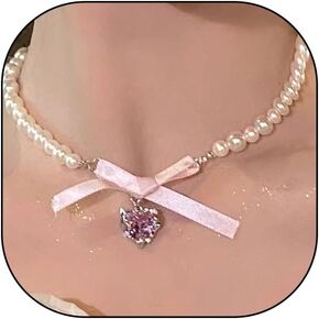 Bow Heart Pendant Pearl Necklace for Women Cute 14k Gold Plated Heart Pearl Adjustable Choker Fashion Accessories Jewelry