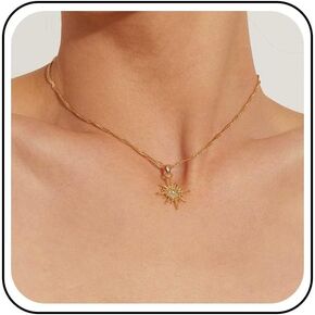 Boho North Star Pendant Necklace Cz Sunburst Choker Necklace Crystal Sun Necklace Celestial Necklace Gold Twist Chain Necklace Jewelry for Women