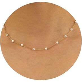 Dainty Pearl Necklaces for Women 14K Gold Plated Layered Pearl Necklace Simple Pearl Choker Necklace Jewelry Gift