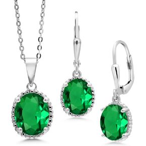 Gem Stone King 925 Sterling Silver Green Nano Emerald Pendant and Earrings Jewelry Set For Women (5.75 Cttw, Oval 11X9MM and 9X7MM, with 18 Inch Silver Chain)